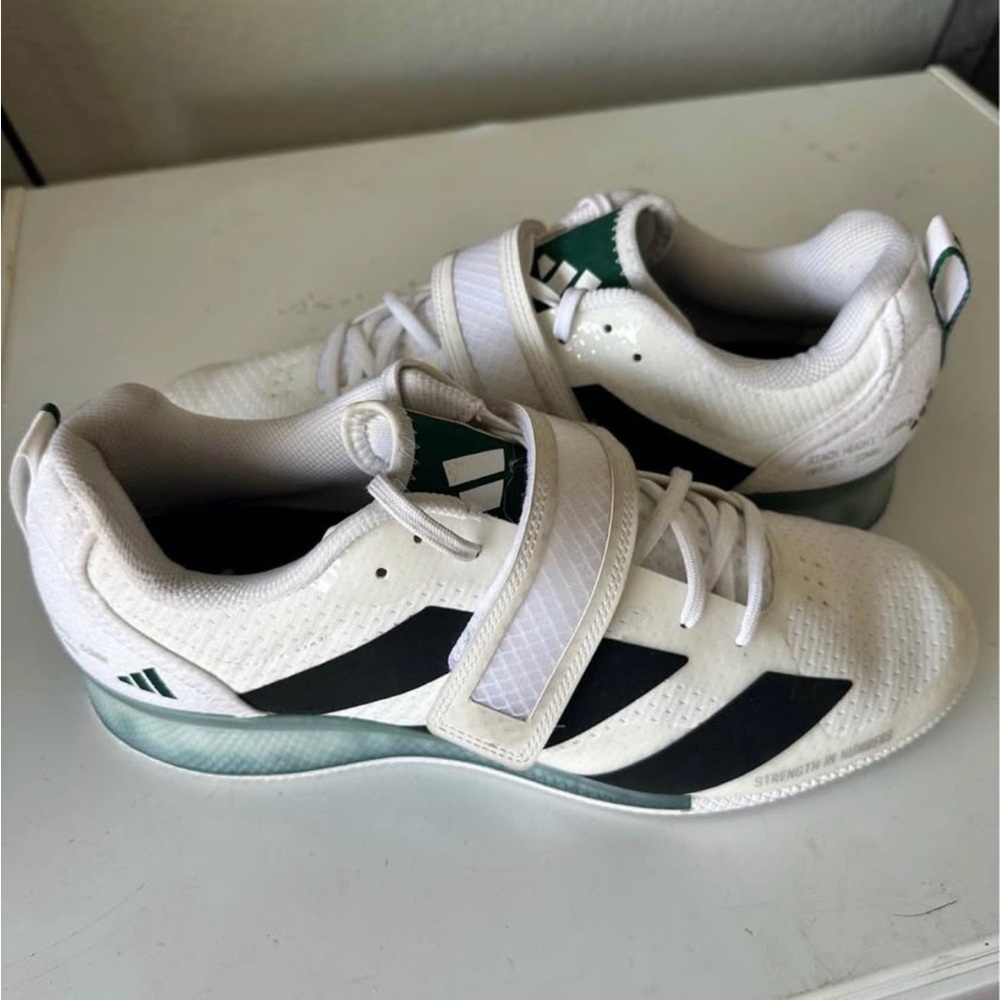 White and Black adipower weightlifting shoes